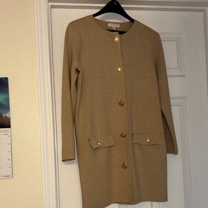 J. Crew long Tan coat with Gold Accents